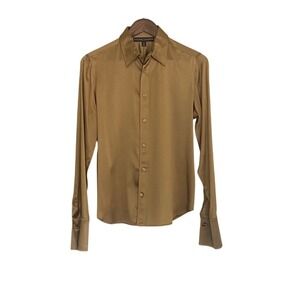 Ralph Lauren 100% Silk Button Up Blouse Brown Gold Size 10